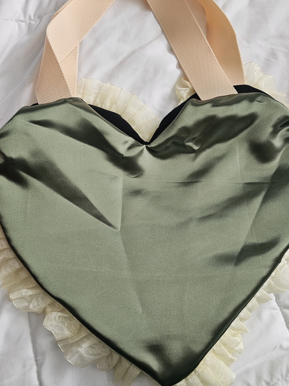 Frankenstein Satin Heart Tote – Olive Green with Cream Ruffle - Picture 3 of 5